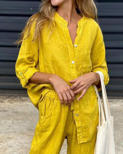 Casual Solid Colour V-Neck Shirt & Trousers Cotton Linen Two-Piece Set