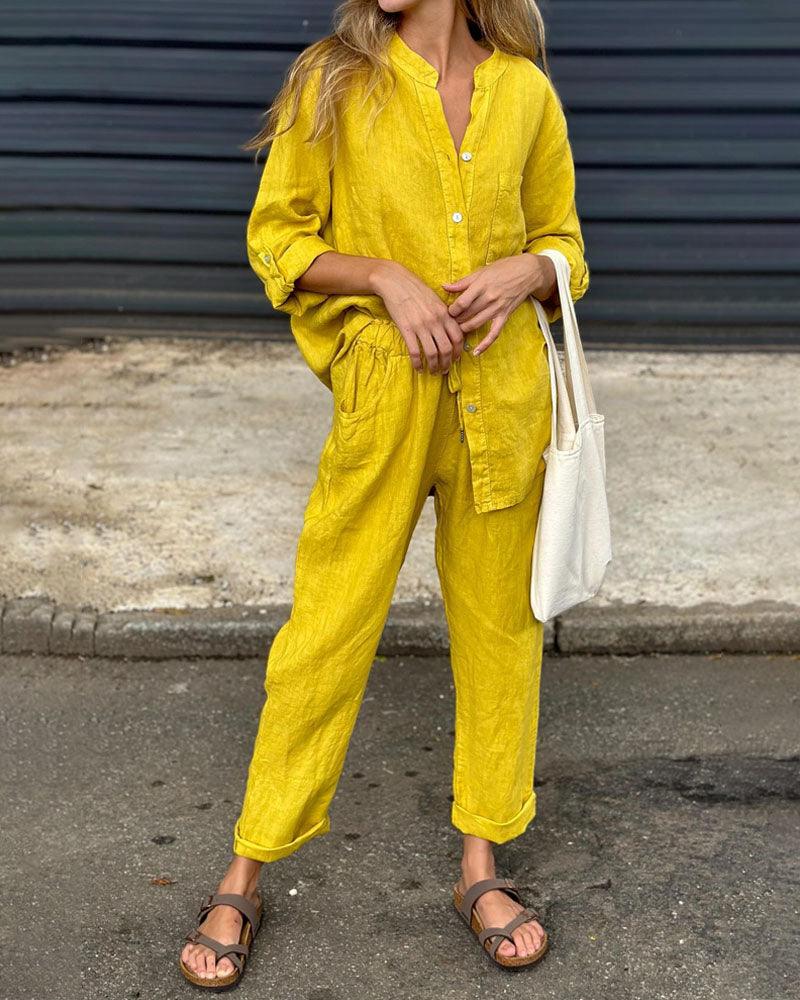 Casual Solid Colour V-Neck Shirt & Trousers Cotton Linen Two-Piece Set