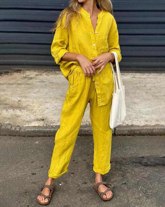 Casual Solid Colour V-Neck Shirt & Trousers Cotton Linen Two-Piece Set