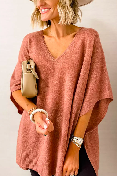 Chic V Neck Loose Fit Solid Poncho Sweater