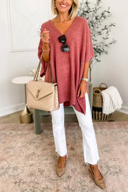Chic V Neck Loose Fit Solid Poncho Sweater
