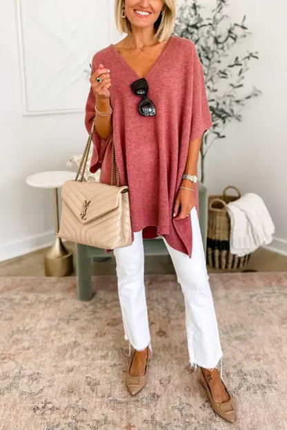 Chic V Neck Loose Fit Solid Poncho Sweater
