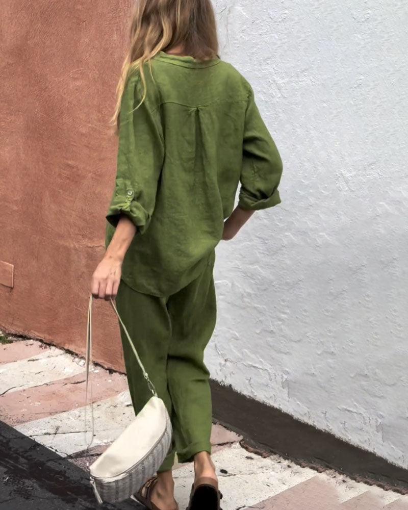 Casual Solid Colour V-Neck Shirt & Trousers Cotton Linen Two-Piece Set