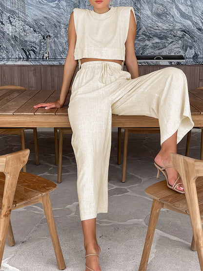 Linen Two Piece Wide Leg Trousers Set