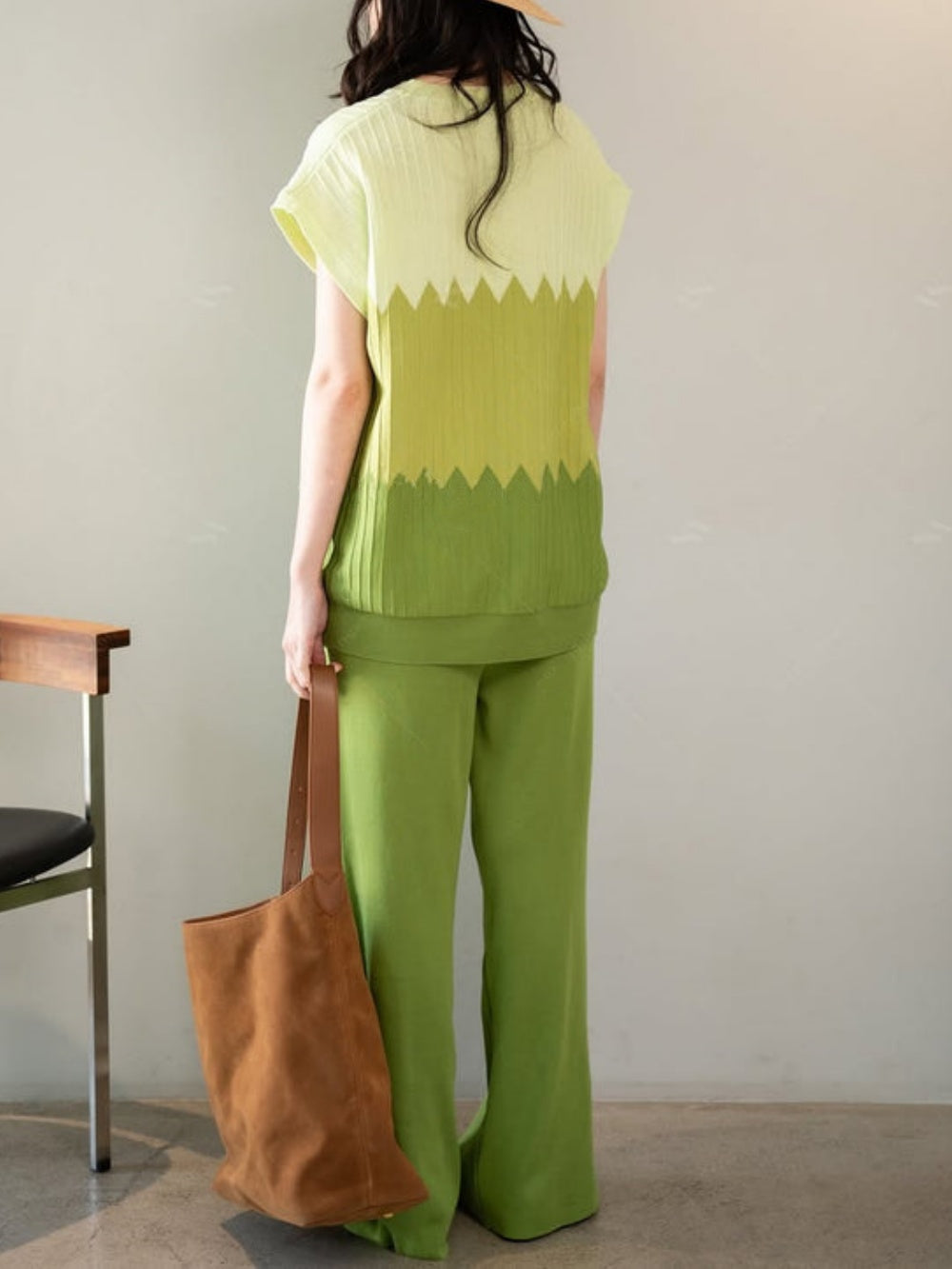 Contrast Colour Crew Neck Sweater Wide Leg Trousers Suit