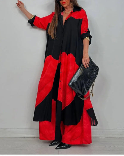 Women's V-neck Patchwork Top and Trousers Casual Set