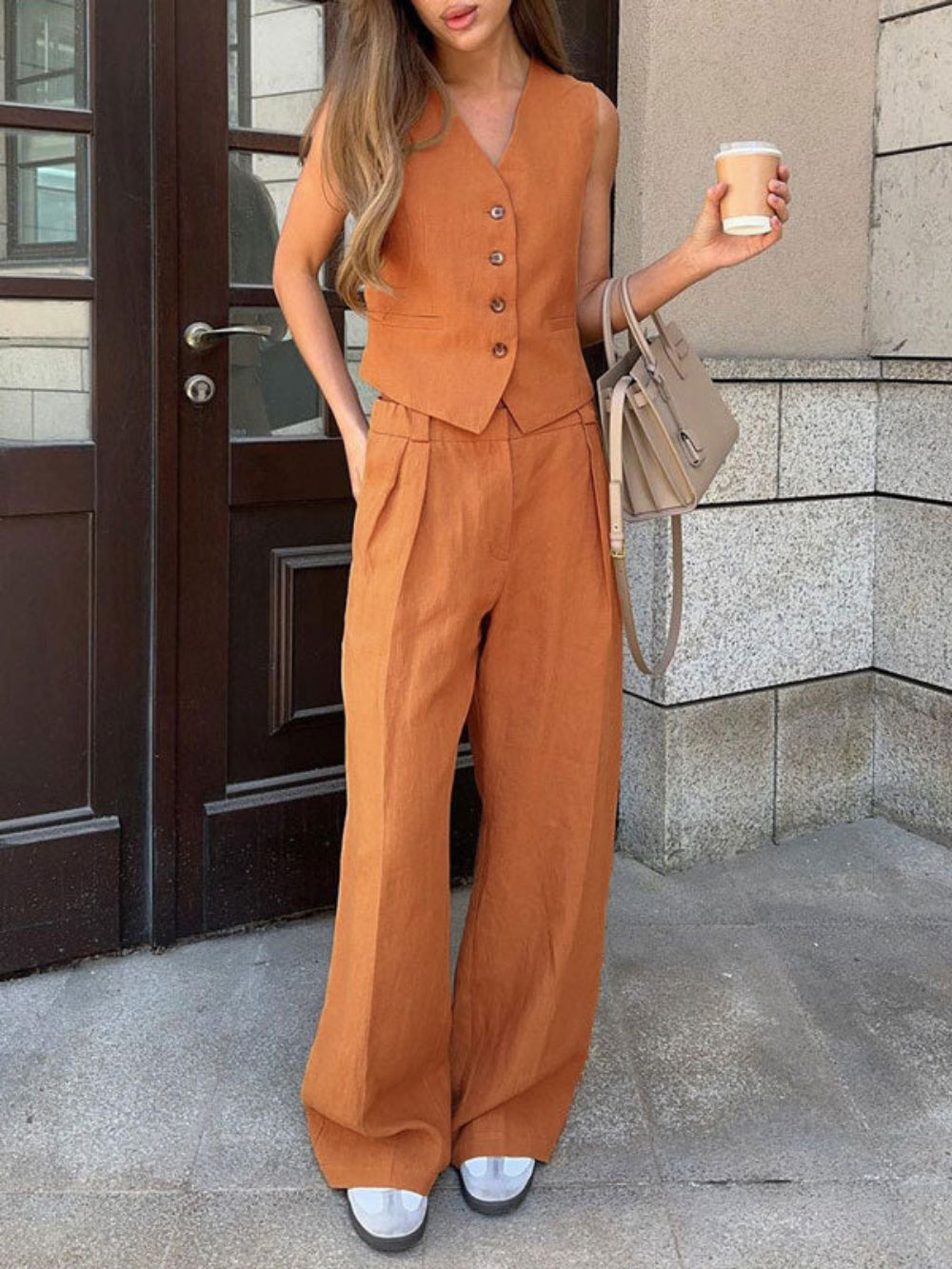 Classic V-neck Pleated Cotton and Linen Wide-leg Trousers Suit