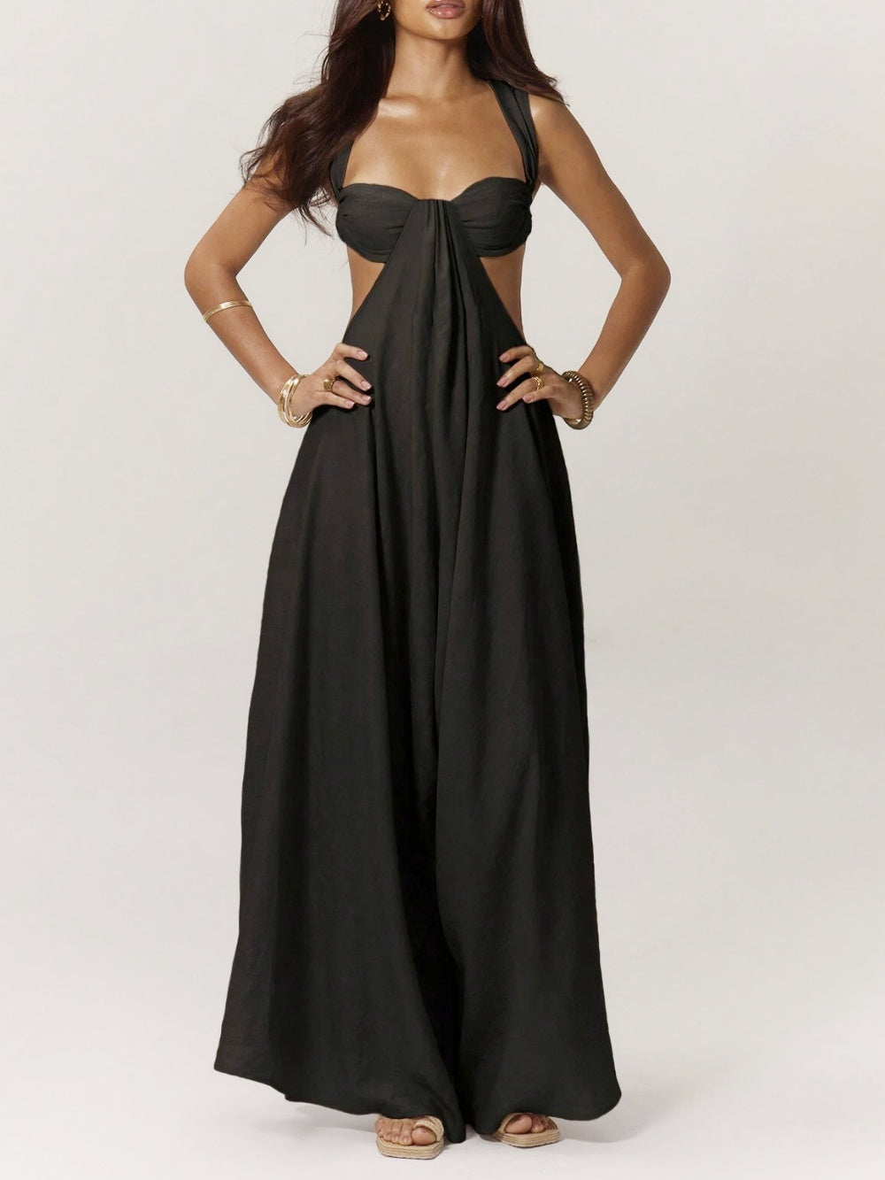 Paneled pleated wide-leg jumpsuit