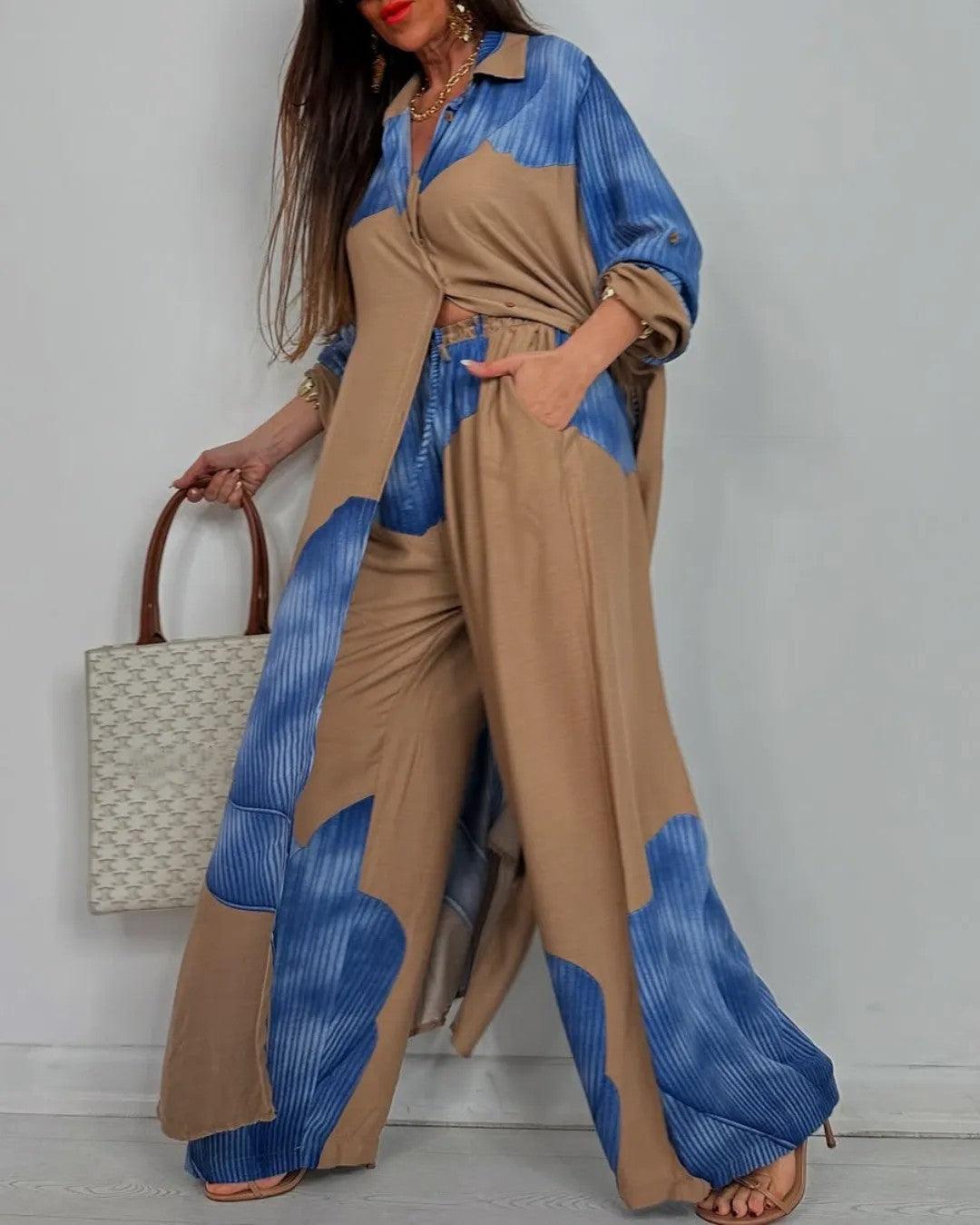 Women's V-neck Patchwork Top and Trousers Casual Set