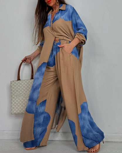 Women's V-neck Patchwork Top and Trousers Casual Set