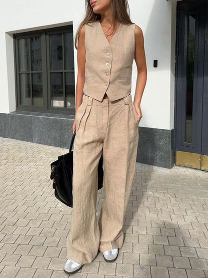 Classic V-neck Pleated Cotton and Linen Wide-leg Trousers Suit