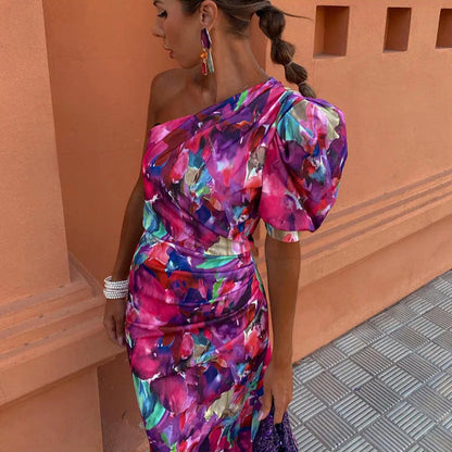 Yllana | Midi Dress with One Shoulder Lilac