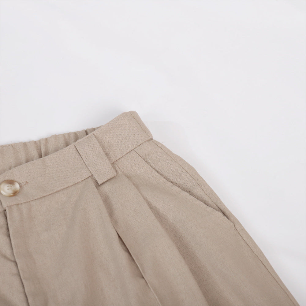 Classic V-neck Pleated Cotton and Linen Wide-leg Trousers Suit