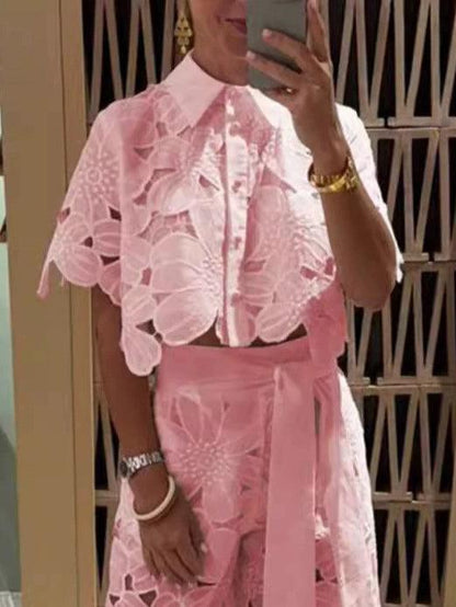 Exquisite floral embroidery sexy hollow suit