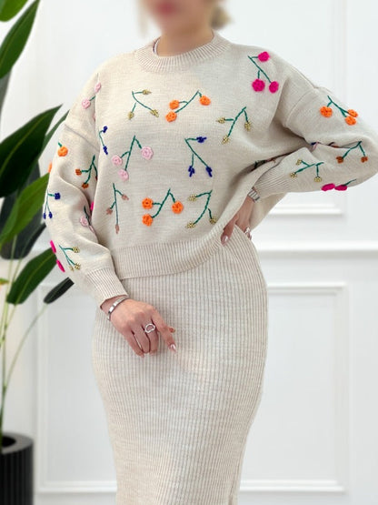 Flower sweater and hip skirt knitted set