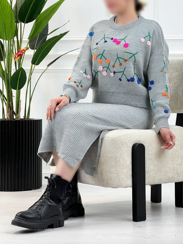 Flower sweater and hip skirt knitted set