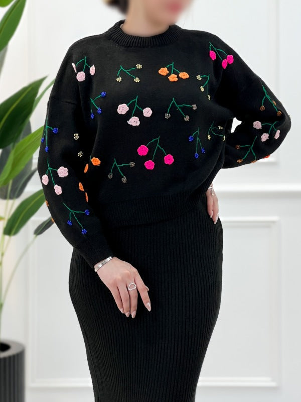 Flower sweater and hip skirt knitted set