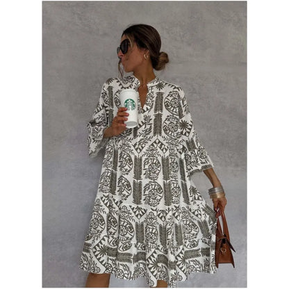 Adeline | Printed V-Neck A-Line Skirt Dress