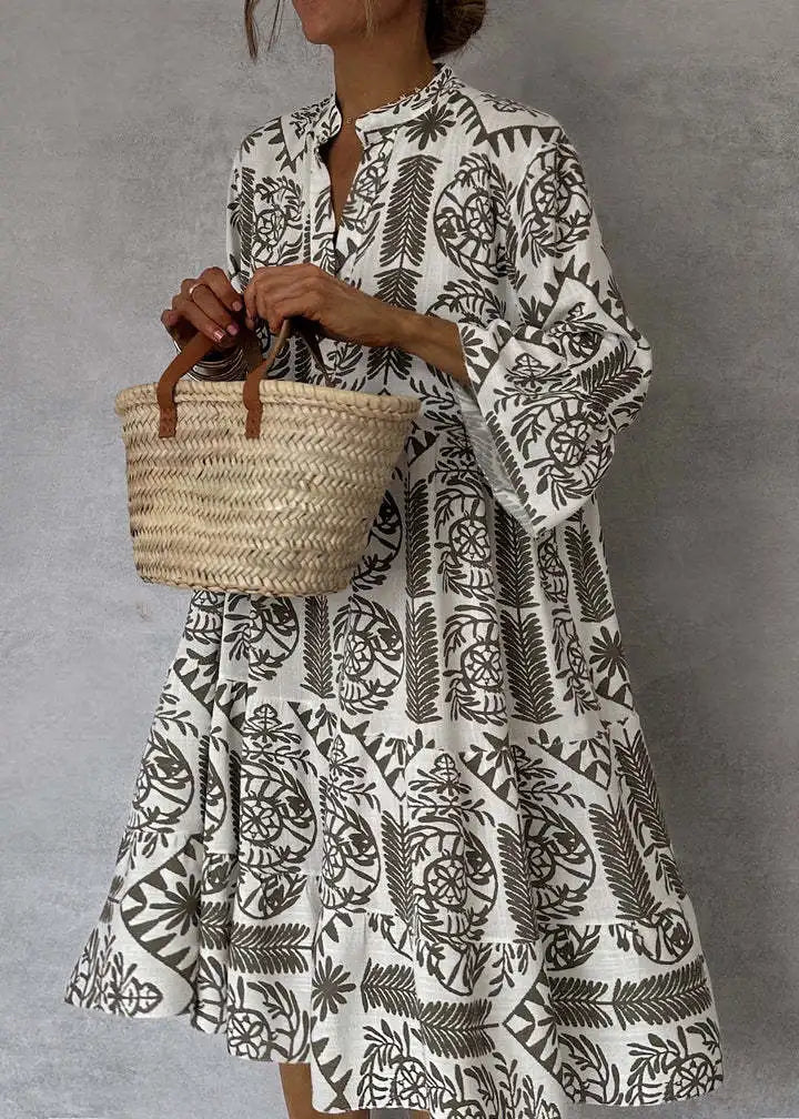 Adeline | Printed V-Neck A-Line Skirt Dress