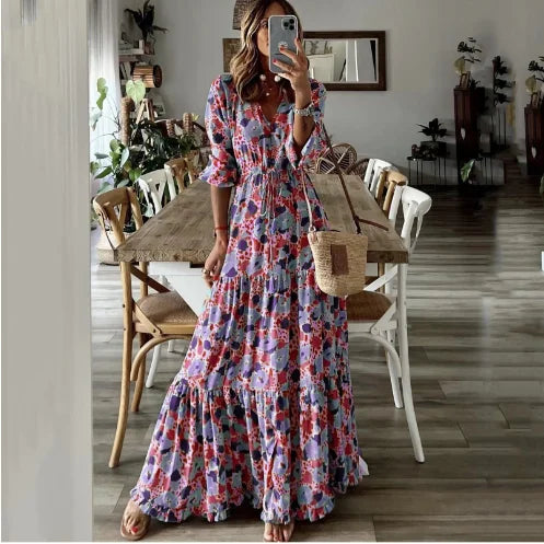 Liora | V-Neck Summer Print Maxi Dress