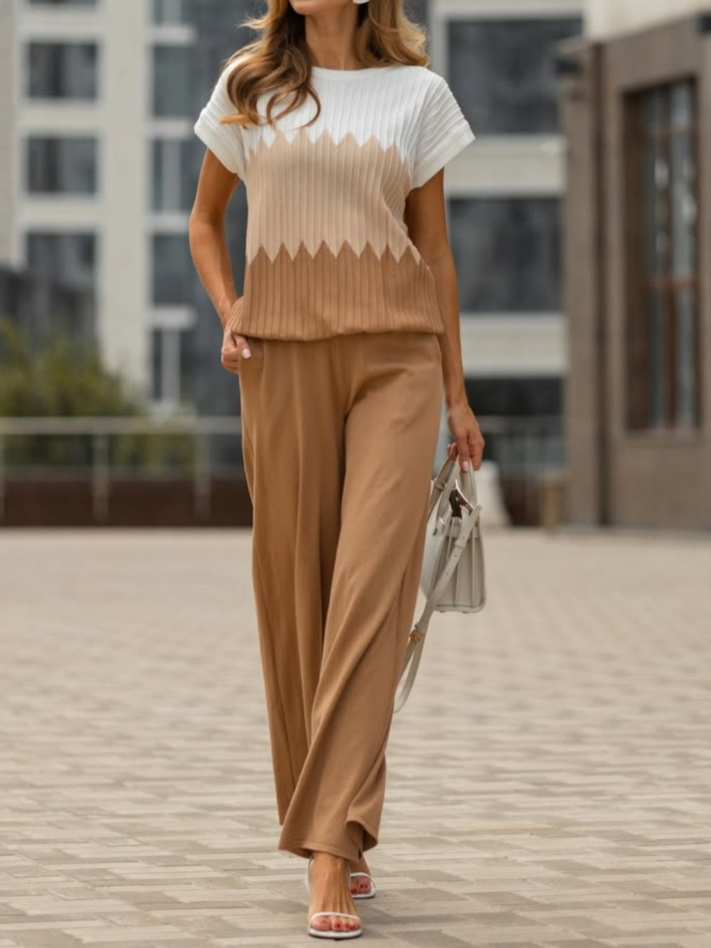 Contrast Colour Crew Neck Sweater Wide Leg Trousers Suit