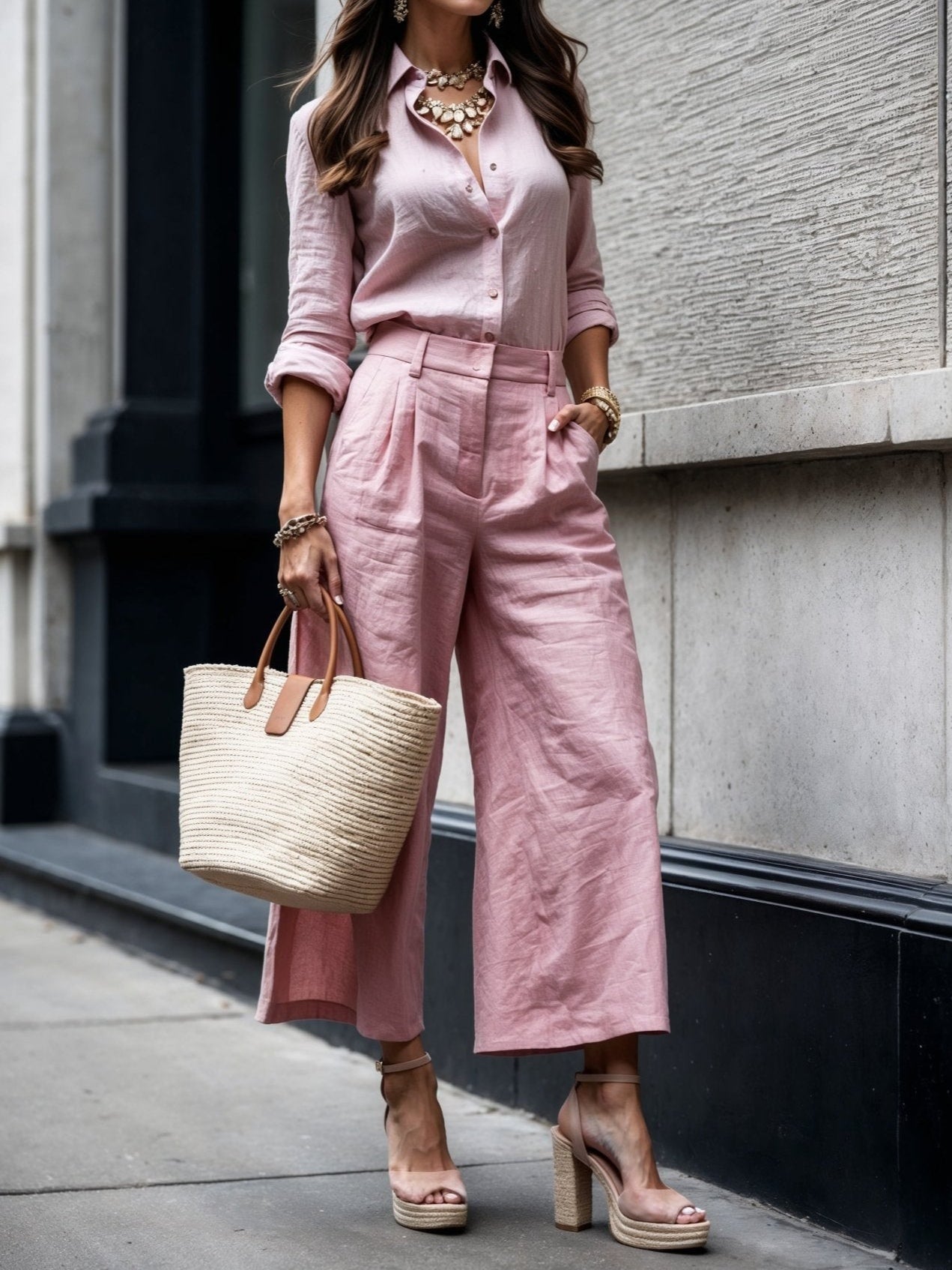 Pink Capri Pants and Loose Shirt Linen Set