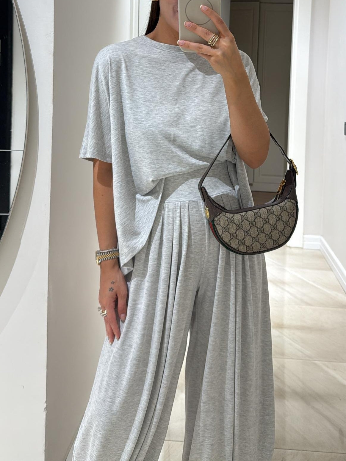 Light Grey Casual Top and Wide-leg Trousers Set