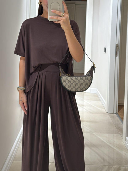Light Grey Casual Top and Wide-leg Trousers Set