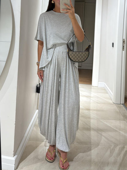 Light Grey Casual Top and Wide-leg Trousers Set
