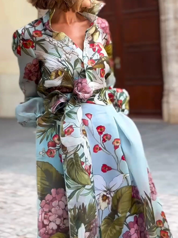 Elegant Floral Print Shirt and Skirt Two-piece Set