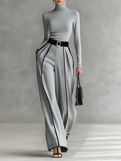 White Trim High-neck Long-sleeved Top With Wide-leg Trousers and Belt Set