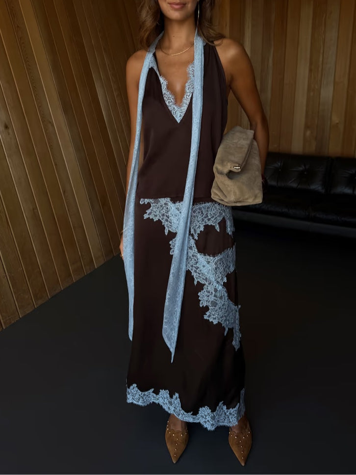 Elegant Brown and Blue Lace Panel Top + Skirt Suit Set