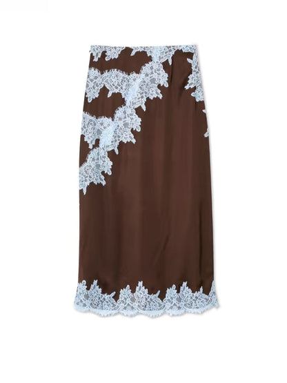 Elegant Brown and Blue Lace Panel Top + Skirt Suit Set