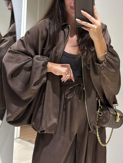 Brown Jacket + Drawstring Trousers Casual Two-piece Suit