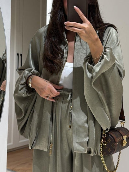 Brown Jacket + Drawstring Trousers Casual Two-piece Suit