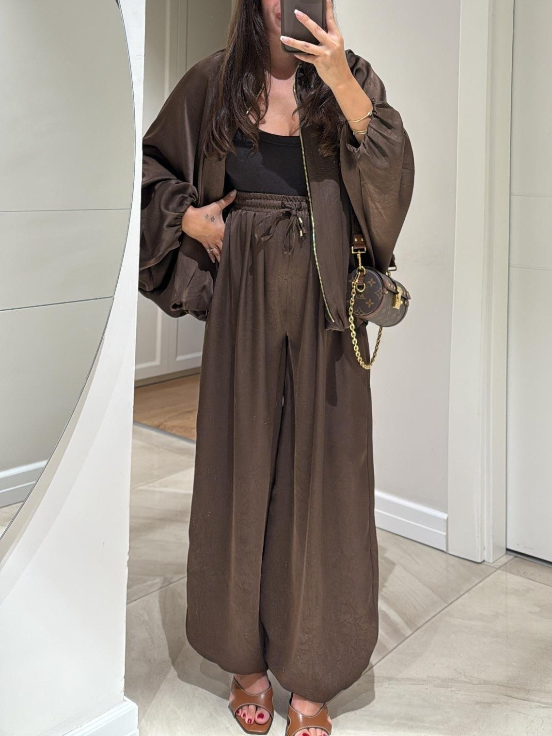 Brown Jacket + Drawstring Trousers Casual Two-piece Suit