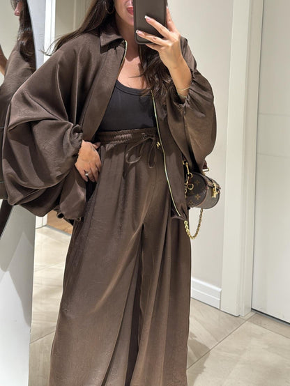 Brown Jacket + Drawstring Trousers Casual Two-piece Suit