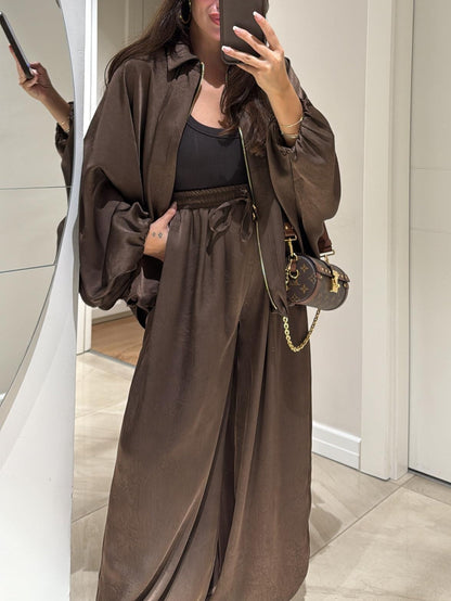 Brown Jacket + Drawstring Trousers Casual Two-piece Suit
