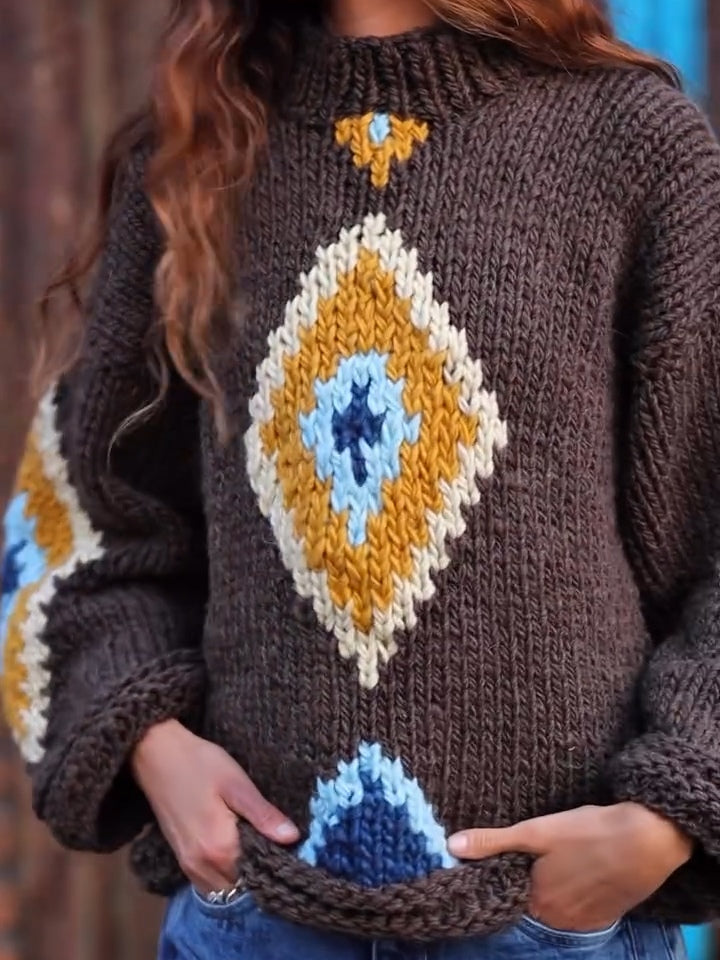 Dark Brown Diamond Pattern Vintage Knit Sweater