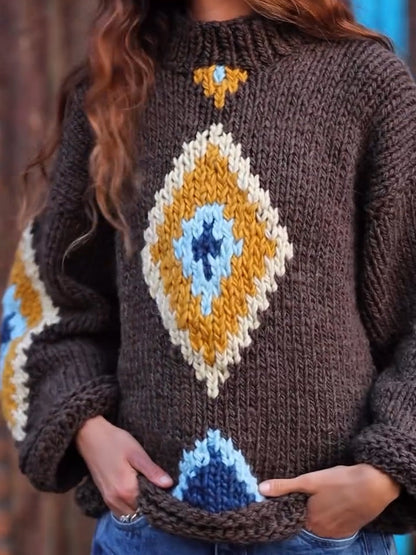 Dark Brown Diamond Pattern Vintage Knit Sweater