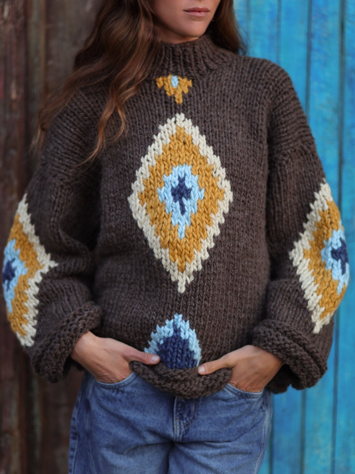 Dark Brown Diamond Pattern Vintage Knit Sweater