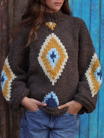 Dark Brown Diamond Pattern Vintage Knit Sweater