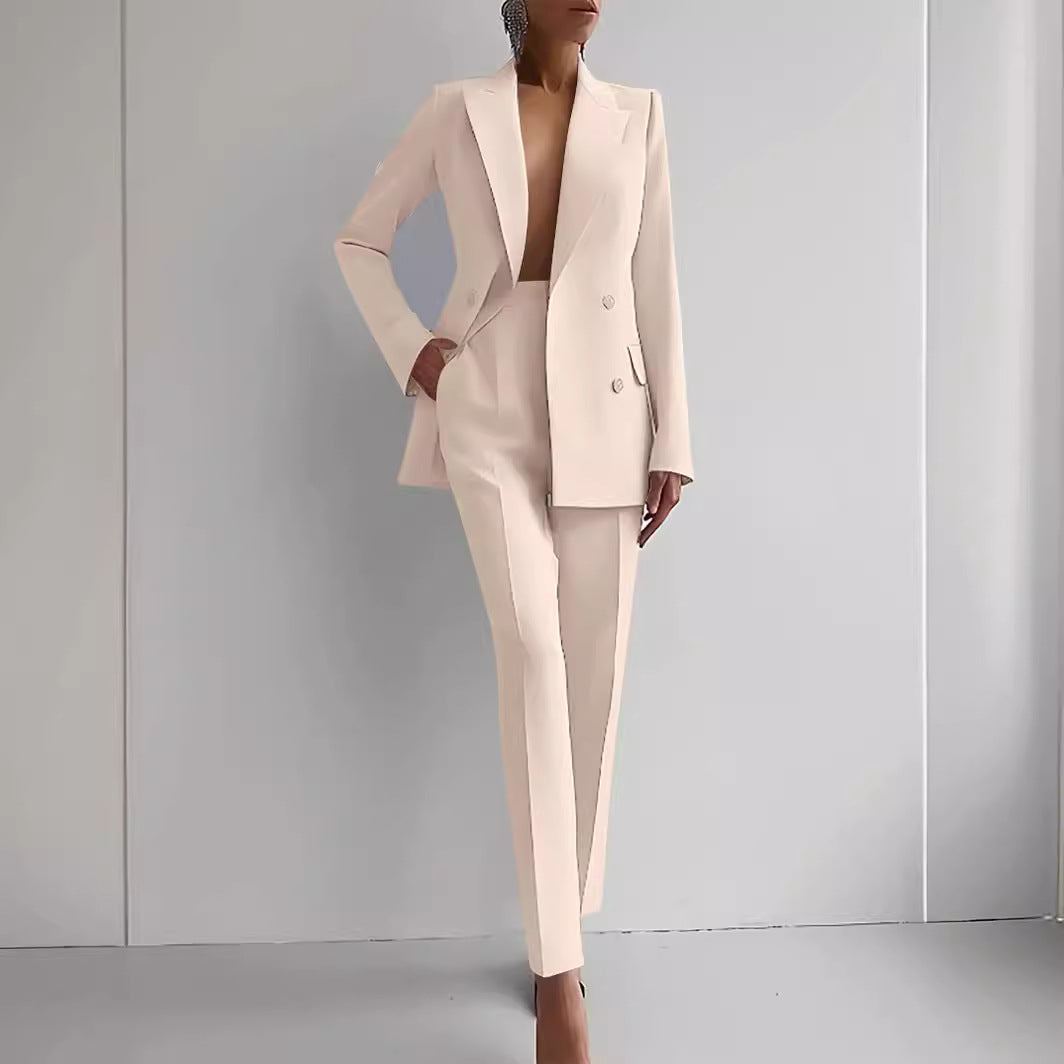 Casual Commuting Solid Colour Blazer & High Waist Trousers Set