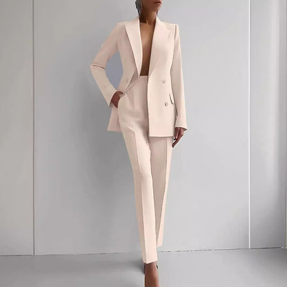 Casual Commuting Solid Colour Blazer & High Waist Trousers Set