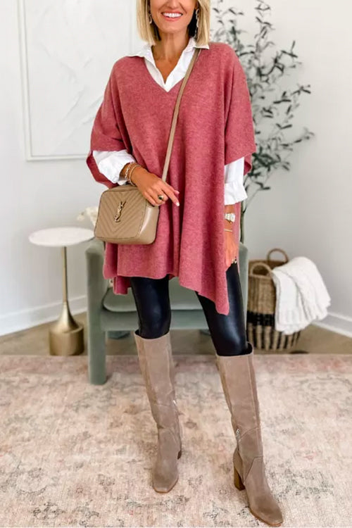 Chic V Neck Loose Fit Solid Poncho Sweater