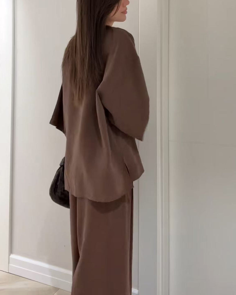 Casual V-Neck Top & Trousers Two-Piece Set