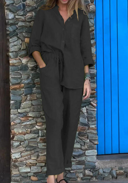 Casual Solid Colour V-Neck Shirt & Trousers Cotton Linen Two-Piece Set