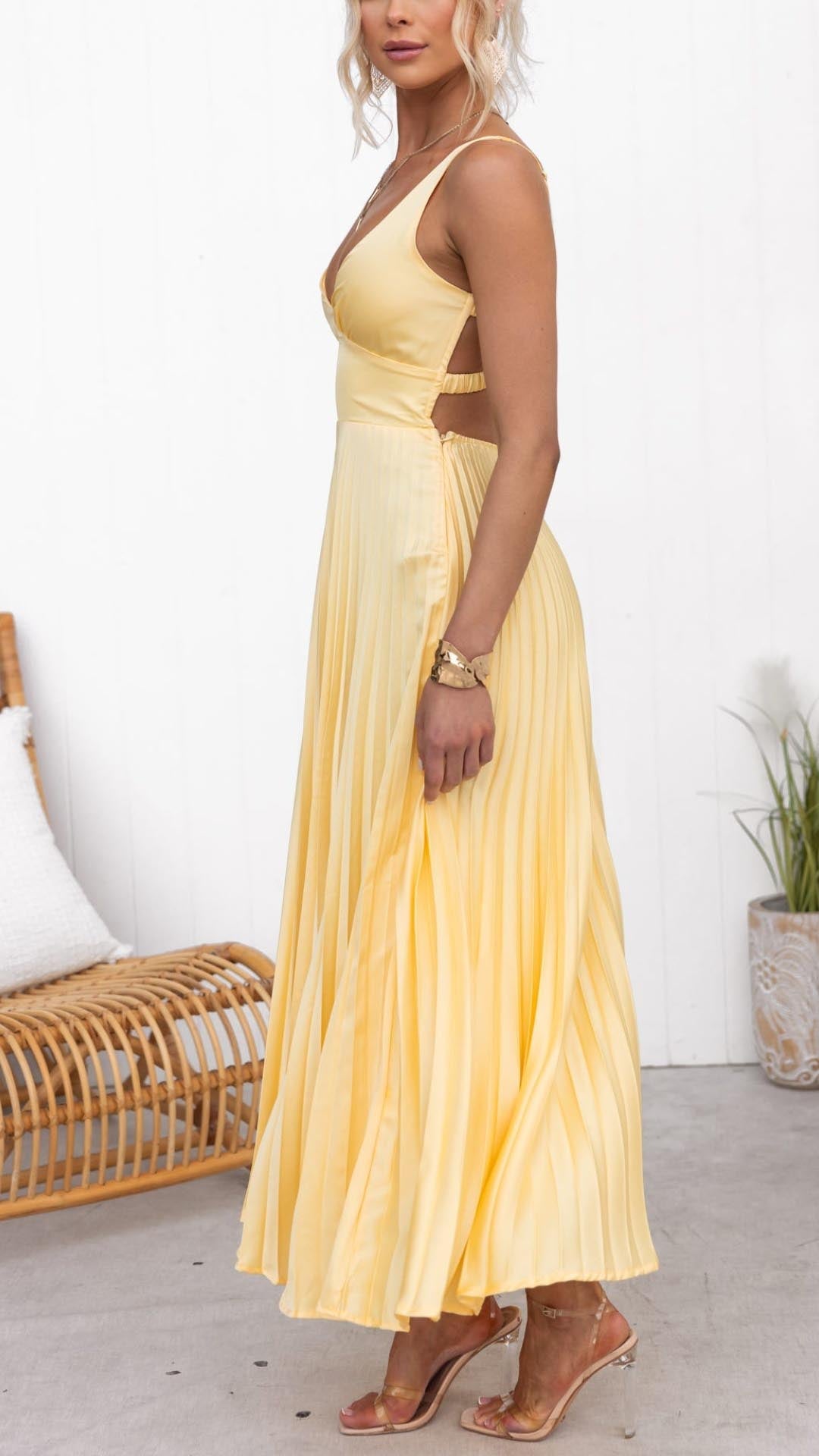Aby | Yellow Pleated V Neck Maxi Dress