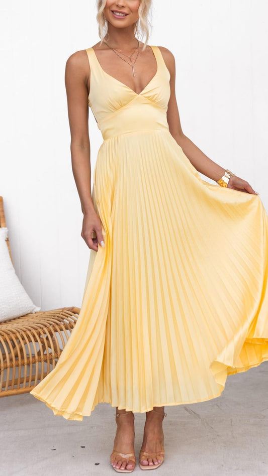 Aby | Yellow Pleated V Neck Maxi Dress