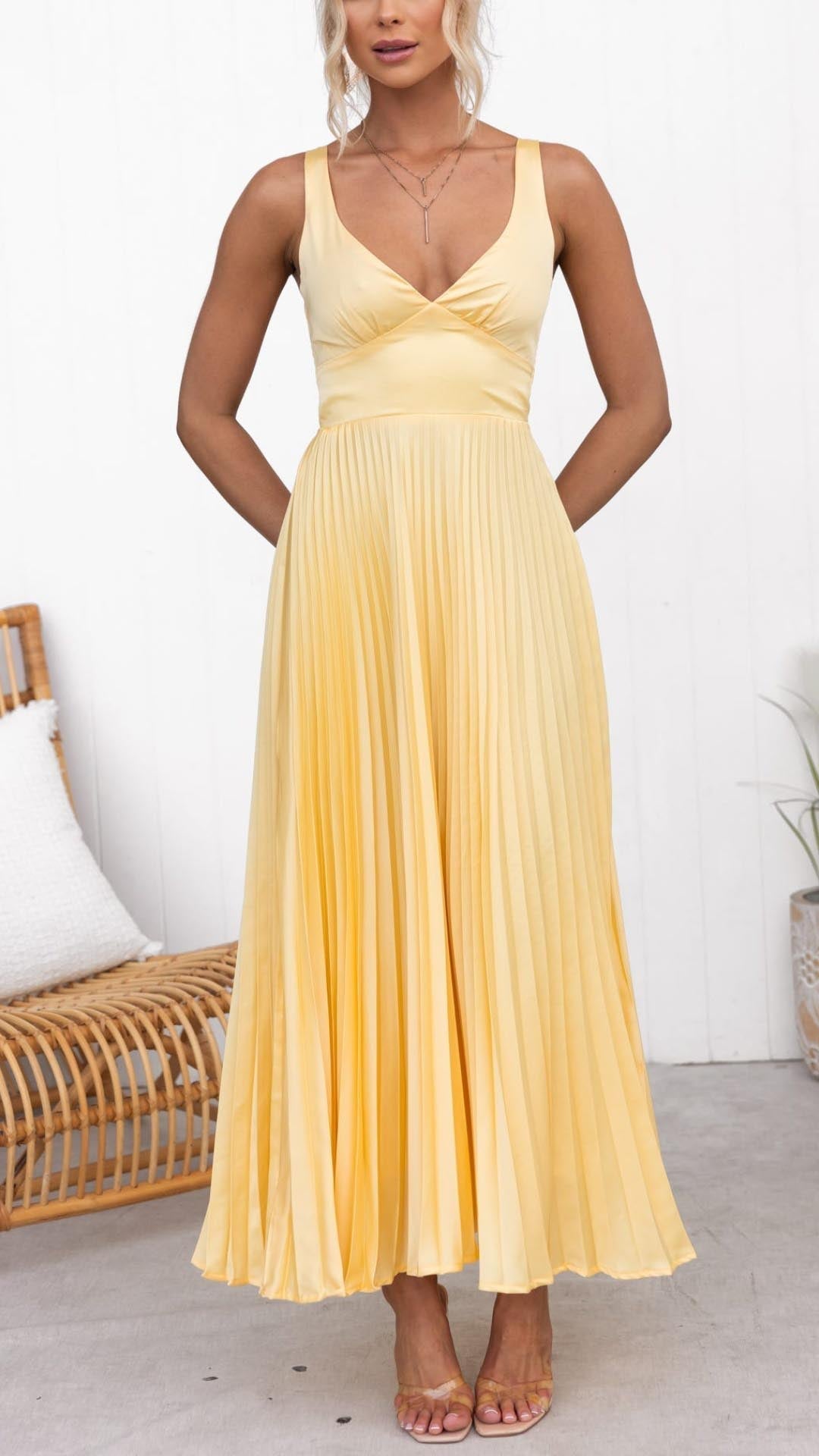 Aby | Yellow Pleated V Neck Maxi Dress